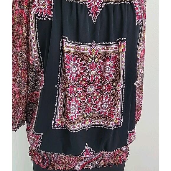 Boho Paisley Floral Puff Sleeve Blouse Pink Black Gypsy Romantic Top Sz L EUC - Picture 5 of 8